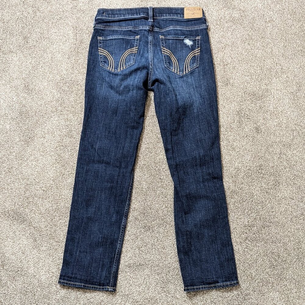 HOLLISTER Boyfriend Straight, Dark Wash Whisker, Distressed Jeans; Size 0 - Picture 2 of 5